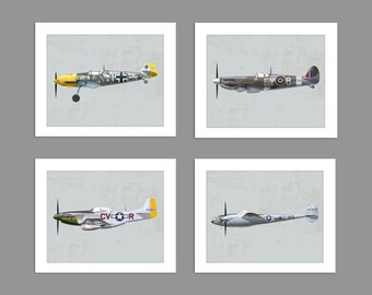 Digital Download Set of 4 Warbirds World War 2 ME P-38 Lightning 109 P-51 Mustang ME 109 Spitfire Art Print Boys Rooms Office