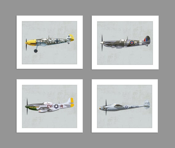 Digital Download Set of 4 Warbirds World War 2 ME P-38 Lightning 109 P-51  Mustang ME 109 Spitfire Art Print Boys Rooms Office 