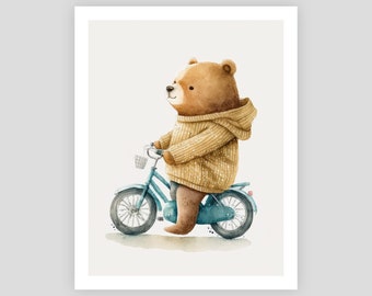 Watercolor Cute Bear Riding Bike Animals Digital download printable wall art for rooms nurseries kids  - 8x10 11 x14 inches