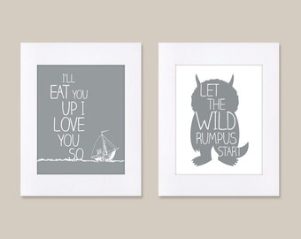 Digital Download Set of 2 Where the Wild Things Are Let the Wild Rumpus Nursery Art kids, Let The Wild Rumpus Start - 8x10 or 11x14