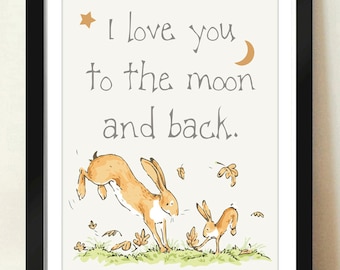 Digital Download I Love You To The Moon and Back Rabbits Playing Quote Art 8x10 - Guess How Much I Love You