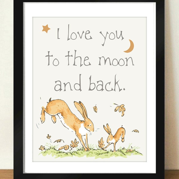 Digital Download I Love You To The Moon and Back Rabbits Playing Quote Art 8x10 - Guess How Much I Love You