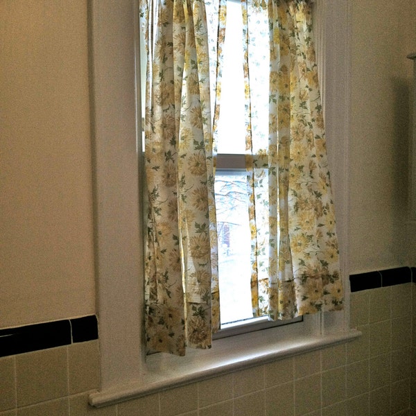 SALE Vintage 1960s 1970s PAIR of Yellow Floral Kitchen Bathroom Cafe Curtains Window Treatments