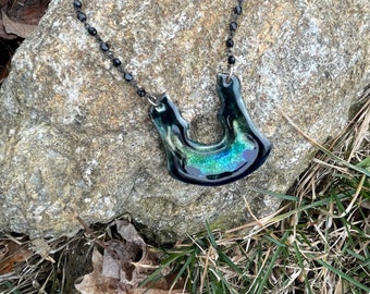 Lucky horseshoe shaped Ceramic and Fused Glass Pendant on Crystal Chain