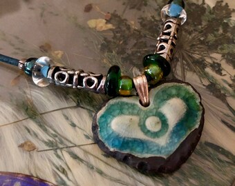 Crystalline Blue-Green Ceramic Heart Pendant