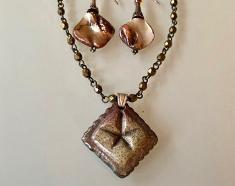 Set: Raku Glazed Ceramic Pendant with Shell Earrings