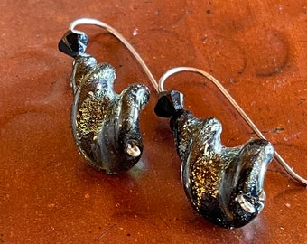 Lamwork Glass Black and Gold Spiral Twist Earrings on Sterling Silver Earwires