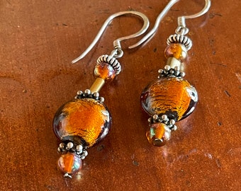 Amber Colored Murano Glass earrings with Sterling Silver and Brass Beads. Sterling Silver earwires