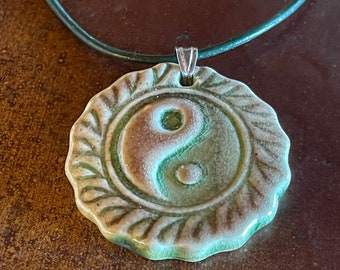 Yin Yang Pendant on Dark Green Leather Neck Cord with Sterling Bail