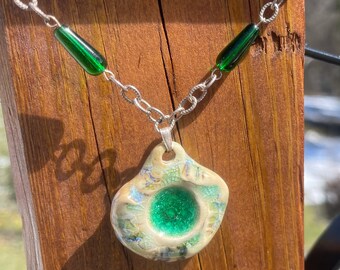 Ceramic and Green Fused Glass Pendant on Sterling Silver Chain