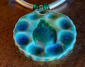 Rainbow of Green and Blue Fused Glass Ceramic Pendant with Sterling Beads