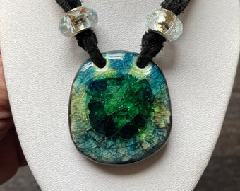 Suede and Sweet Blue-Green Ceramic and Fused Glass Pendant Necklace