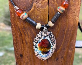 Blazing Sunset Oval Ceramic and Fused Glass Pendant with Beads