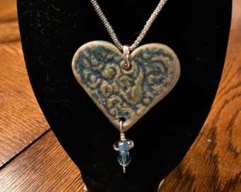 Textured Antique Blue Glazed Heart Pendant with Crystal