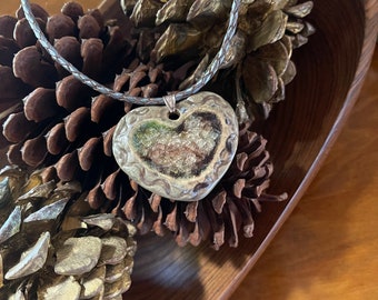 Heart Aglow with Love Ceramic & Fused Glass Pendant on Braided Leather