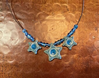 Triple Star Necklace with Beads on Leather