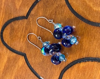 Blue Lampwork Glass Beaded Earrings with Sterling Silver Earwires