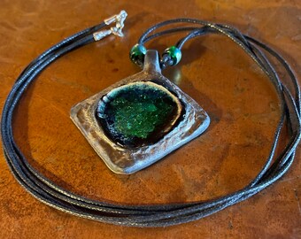 Green Diamond in Bronze Frame Ceramic and Fused Glass Extra Long Pendant Necklace