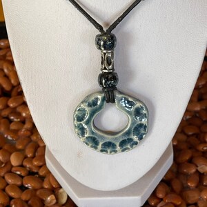 Hazy Blue Crackle Glazed Ceramic Pendant with Sterling Silver Link Chain