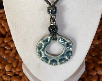 Hazy Blue Crackle Glazed Ceramic Pendant with Sterling Silver Link Chain