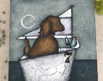 El viaje. Perro marrón y un pájaro en un velero 8x8 pintura