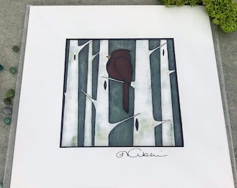Cardenal en abedules impresión 8x8
