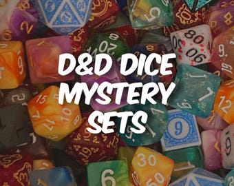 May include: A collection of colorful D&D dice in various shapes and sizes, including D4, D6, D8, D10, D12, and D20. The image features the text "D&D DICE MYSTERY SETS" in white, overlaying the dice.