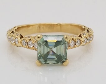 14kt yellow gold asscher cut teal moissanite with diamond pave
