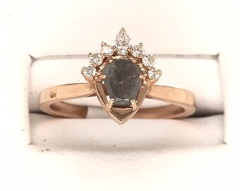 SALE!! 14kt rose gold Salt and Pepper Shield Shape Diamond with White Diamond Tiara Ring