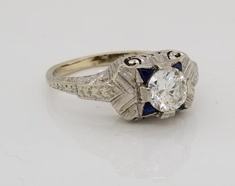 Platinum Diamond and Sapphire Art Deco Antique Ring