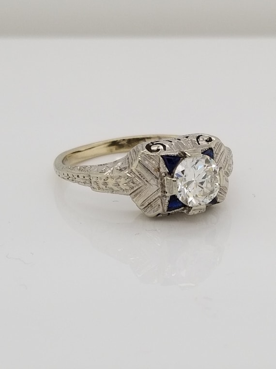 Platinum Diamond and Sapphire Art Deco Antique Ri… - image 1