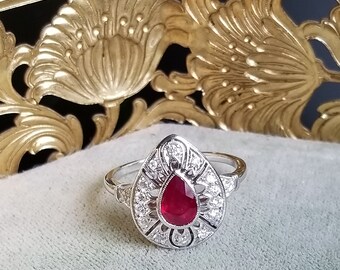 14K Natural Burmese Ruby and Diamond Halo Ring in white gold, custom made