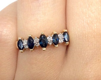 Sale! 14k Yellow Gold Marquise cut Sapphire & Diamond Ring