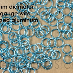 100 20ga sky blue jump rings, 6.7mm OD, 5mm ID (3/16&quot;), anodized aluminum medium blue rings, 20 gauge wire, (02-2002B)