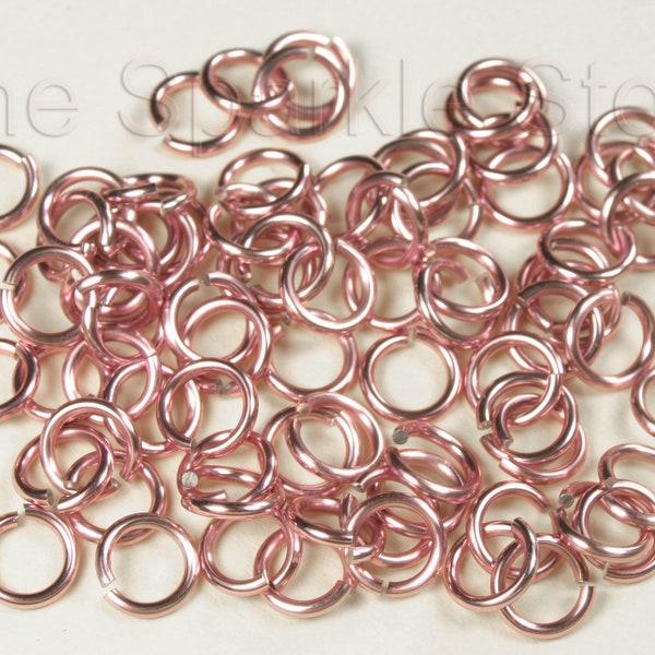 100 18ga pink jump rings, 7mm OD, 5mm ID (3/16"), anodized aluminum pink rings, 18 gauge wire, (06-2003C)