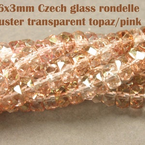 6x3mm firepolish rondelle Czech glass beads, 1 strand of 50 beads, transparent topaz pink, faceted rondelle flat beads (#02-1005C)
