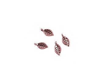 Tiny Leaf Charm with loop, 7 x 5mm, antique copper finish, cast leaf charm bead, see photos for both sides, 1mm loop (#04-2004B)