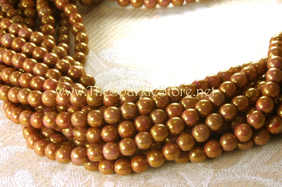 Luster Opaque Rose Gold Topaz 4mm, 100 beads, Czech Pressed Glass Druk Beads (#15-1209D)