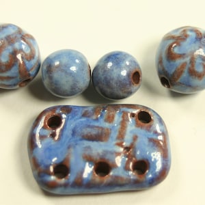 Ceramic focal set, handmade by shop owner, rustic, textured, fully glazed, with matching beads, (#237)