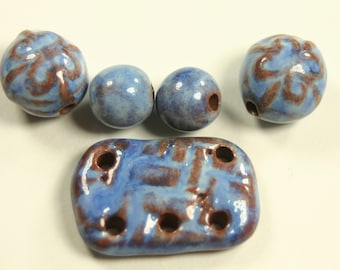 Ceramic focal set, handmade by shop owner, rustic, textured, fully glazed, with matching beads, (#237)