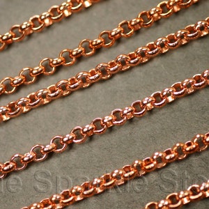 Solid copper chain, rolo belcher style, links are 2.2 x 2.2mm, nice round links, 0.89mm wire is sturdier than a fine cable chain, 5 feet+