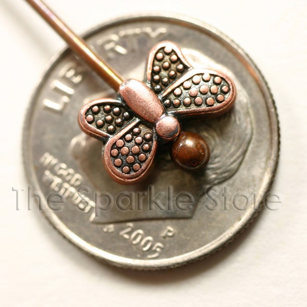 10+ Butterfly beads with vertical hole, 10 x 7 mm, antique copper finish, cast butterfly is the same on both sides, 1mm hole, #05-1003B