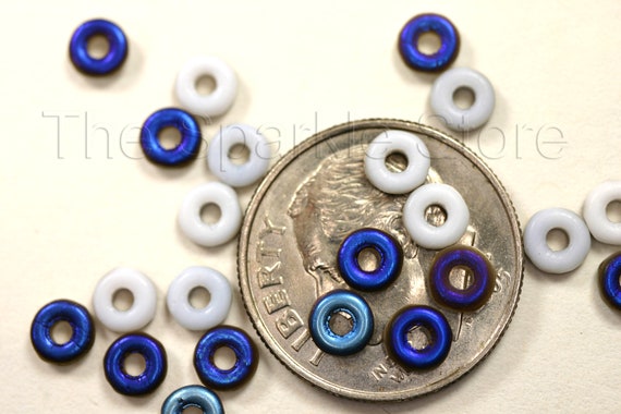 Matte Opaque White Iris Blue 4mm Ring O Beads, 4 Grams, Bi-color