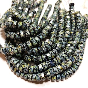 Jet Picasso rondelle beads, 6x3mm, fire polished glass beads, 1 strand of 50 beads, faceted rondelle flat beads (#15-1208B)