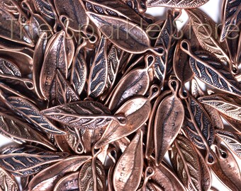 Pewter leaf charm with loop, 20mm x 6mm, antique copper finish, cast leaf charm (#04-2007D)