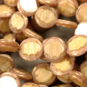 Glass coin bead, beige pale pink, approx .75mm hole, 13.5 mm round coin bead, 3.8 mm thick made in Czech Republic beads (02-1004C)