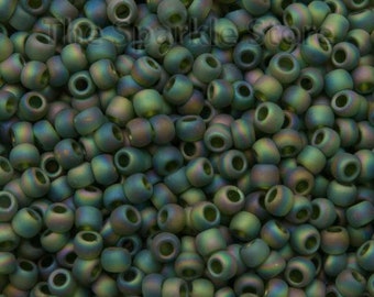 8/0 TOHO Transparent Rainbow Frosted Olivine, size 8/0 seed beads, approx. 8.9 grams, made in Japan, 2.5" tube, 1mm hole, Color# TR-08-180F