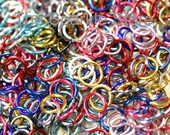 100 20ga jump rings, 6.7mm OD, 5mm (3/16") ID, anodized aluminum mixed color assortment rings, 20 gauge wire, (06-2001B)