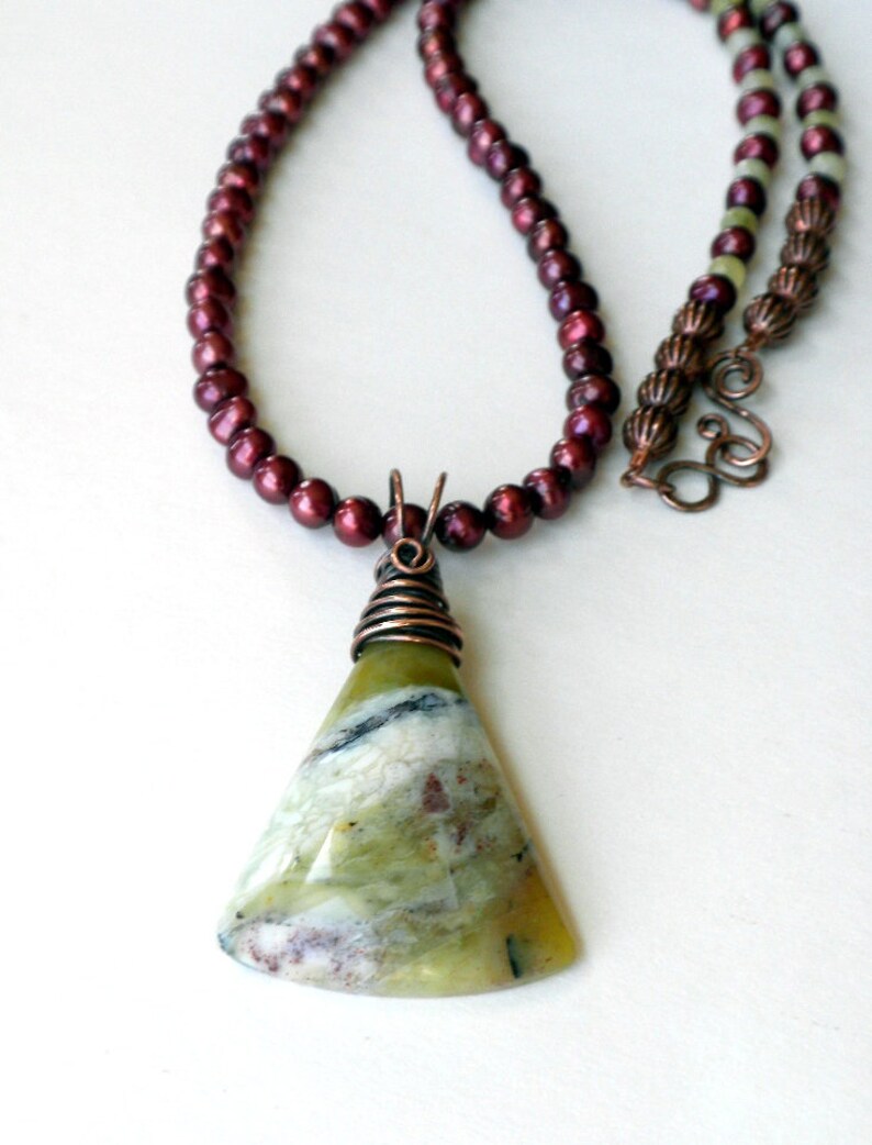 Copper Wire Pendant Pearls Green and Red Necklace Healing Stone Necklace Green African Opal Pendant Necklace Burgundy Pearl Necklace