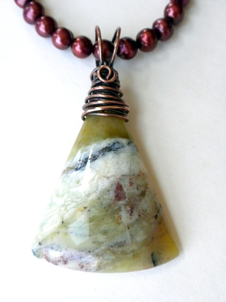 Copper Wire Pendant Pearls Green and Red Necklace Healing Stone Necklace Green African Opal Pendant Necklace Burgundy Pearl Necklace